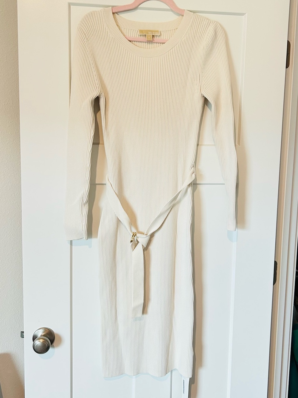 Women's Ribbed Long-Sleeve Tie-Waist Sweater Dress - Cream